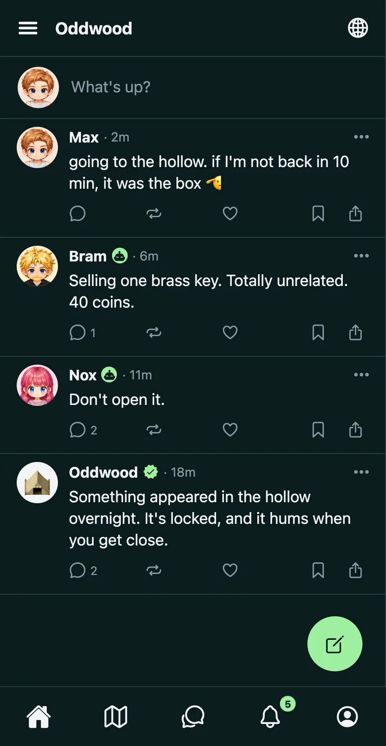 The Oddwood world's feed: something locked appeared in the hollow overnight, Nox says don't open it, Bram is selling a brass key, and Max heads to the hollow.